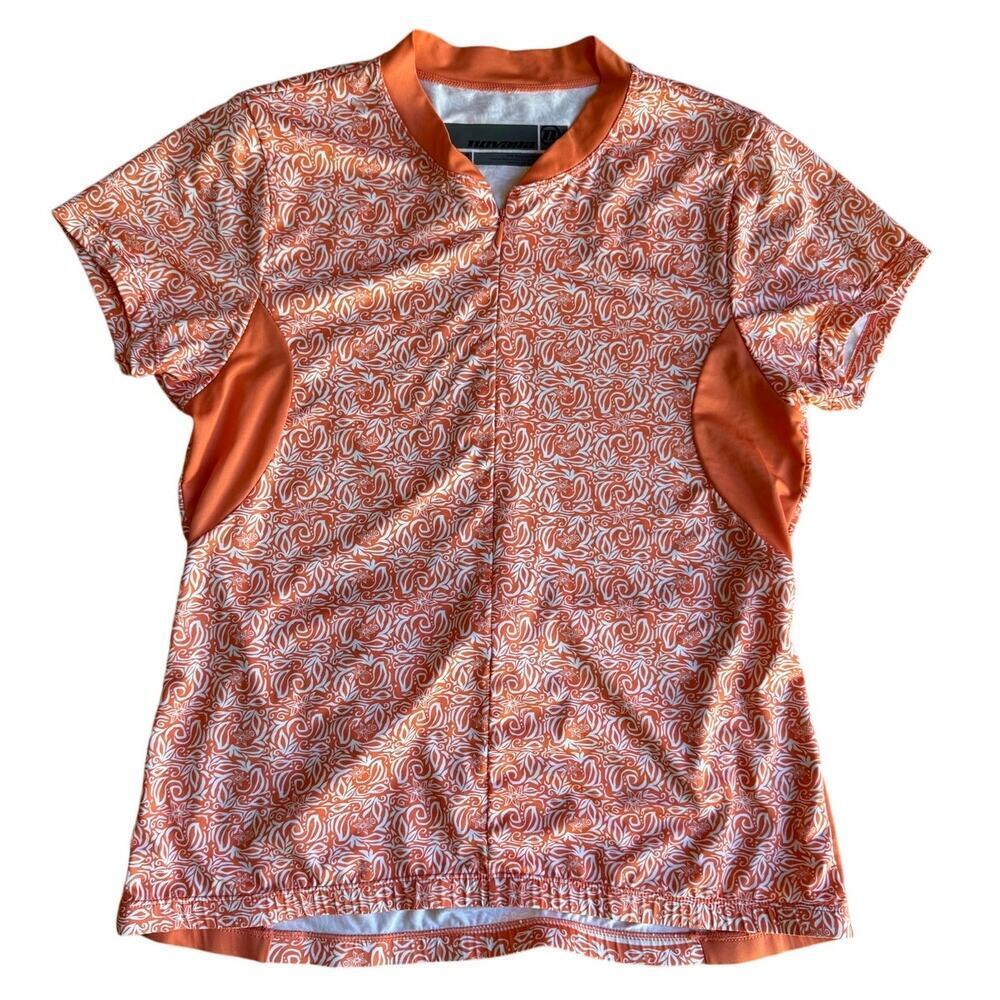 Novara Women's Cycling Bike Shirt Orange Gray Print 1/2 Zip Pouch Pocket Size M